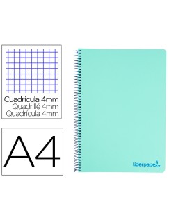 Cuaderno espiral liderpapel a4 wonder tapa plastico 80h 90gr cuadro 4mm con margen color verde